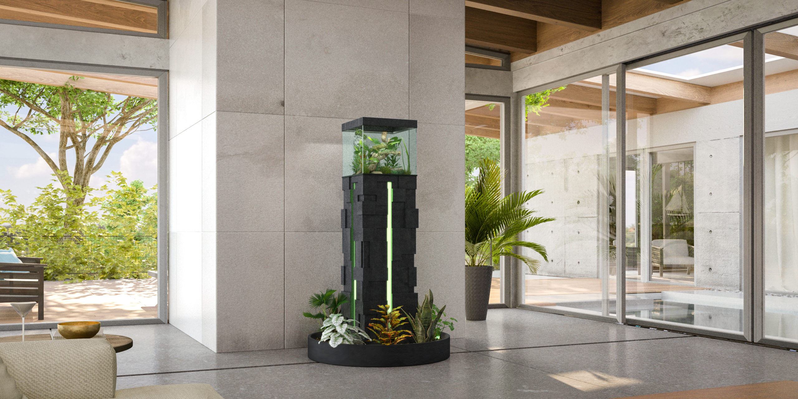 Bespoke terrarium with layered plants and integrated lighting