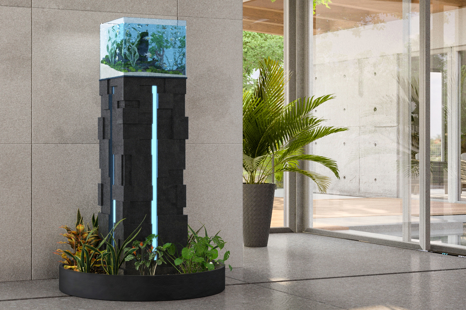 Sculptural aquarium with an illuminated aquascape